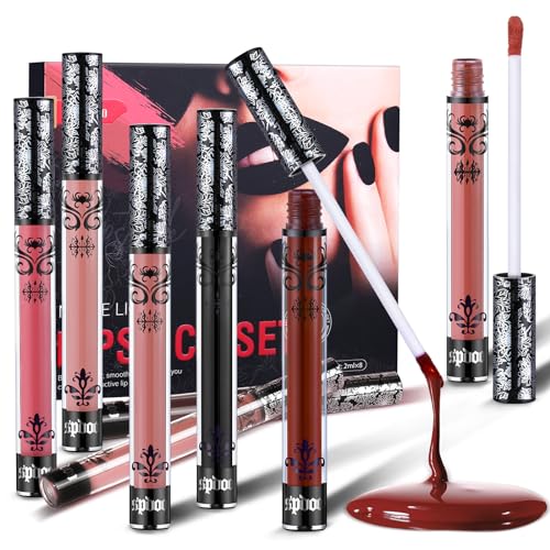 8 Stück Flüssig Lippenstift Set - Nude Pink Rot Schwarzer Matt, Langanhaltend Wasserfest - Non-Stick Cup Velvet Lipgloss Lip Makeup Geschenke für Frauen von Ofanyia