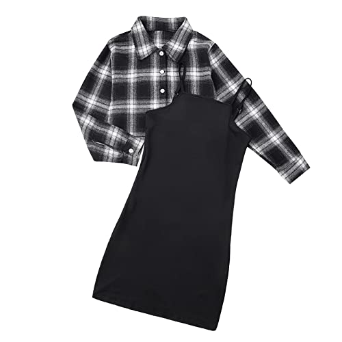 Kinder Mädchen 2 Stück Outfits Mädchen Ärmellos Bodycon Kleid mit Crop Jacke Kostüme Kinder Plaid Langarm Tops + Cami Kleid Set Kleidung, Black Plaid, 12 Jahre von Ofanyia