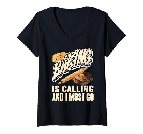 Damen Backen Ruft Und Ich Muss Gehen Lustiger Spruch T-Shirt mit V-Ausschnitt Damen Backen Ruft Und Ich Muss Gehen Lustiger Spruch T-Shirt mit V-Ausschnitt von Ofenfreunde Mit Herz Und Teig