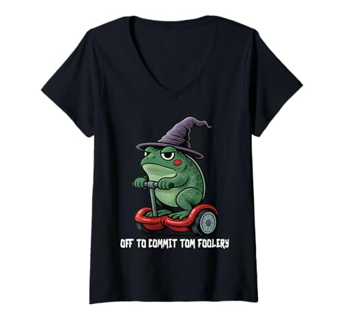 Damen Off to Commit Tom Foolery Frog Wizard Whimsical Vintage Cute T-Shirt mit V-Ausschnitt Damen Off to Commit Tom Foolery Frog Wizard Whimsical Vintage Cute T-Shirt mit V-Ausschnitt von Off to Commit Tom Foolery Frog Humor Meme Funny