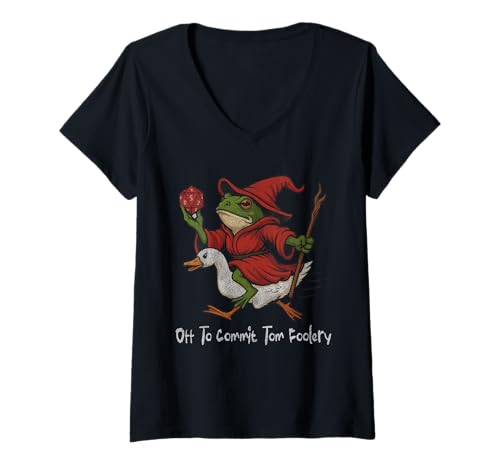 Damen Off to Commit Tom Foolery Whimsical Frog Wizard Vintage Cute T-Shirt mit V-Ausschnitt Damen Off to Commit Tom Foolery Whimsical Frog Wizard Vintage Cute T-Shirt mit V-Ausschnitt von Off to Commit Tom Foolery Frog Humor Meme Funny