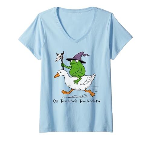 Damen Off to Commit Tom Foolery Whimsical Frog Wizard Vintage Cute T-Shirt mit V-Ausschnitt Damen Off to Commit Tom Foolery Whimsical Frog Wizard Vintage Cute T-Shirt mit V-Ausschnitt von Off to Commit Tom Foolery Frog Humor Meme Funny