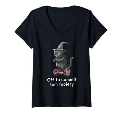 Damen Off to Commit Tom Foolery - Lustige Katze Hexe Halloween T-Shirt mit V-Ausschnitt Damen Off to Commit Tom Foolery - Lustige Katze Hexe Halloween T-Shirt mit V-Ausschnitt von Off to Commit Tom Foolery Fun Cat Witch Halloween