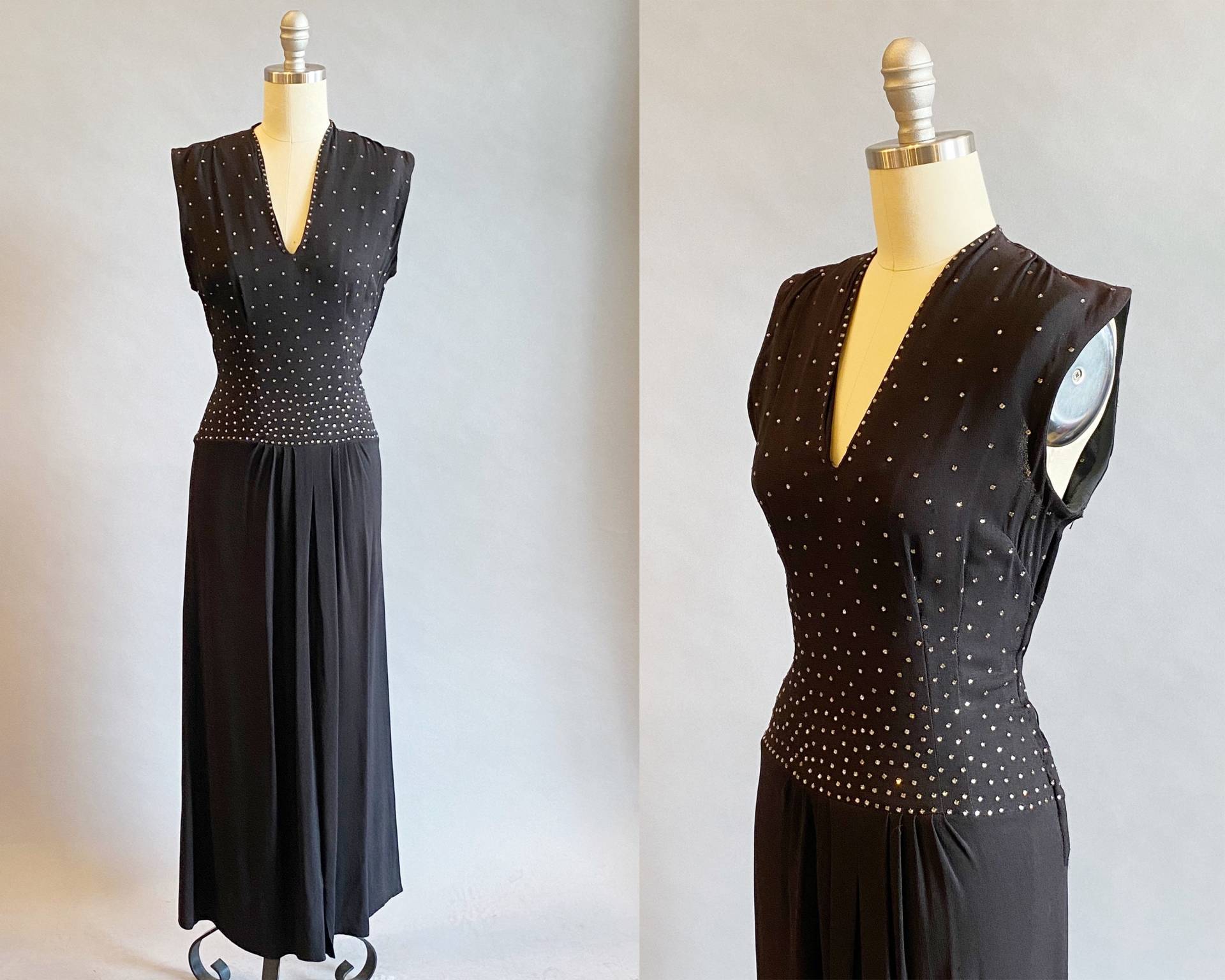 1930S Atemberaubendes Schwarzes Kleid/30S Mit Strasssteinen Hollywood Starlet Cocktailkleid Größe S von OffBroadwayVintage