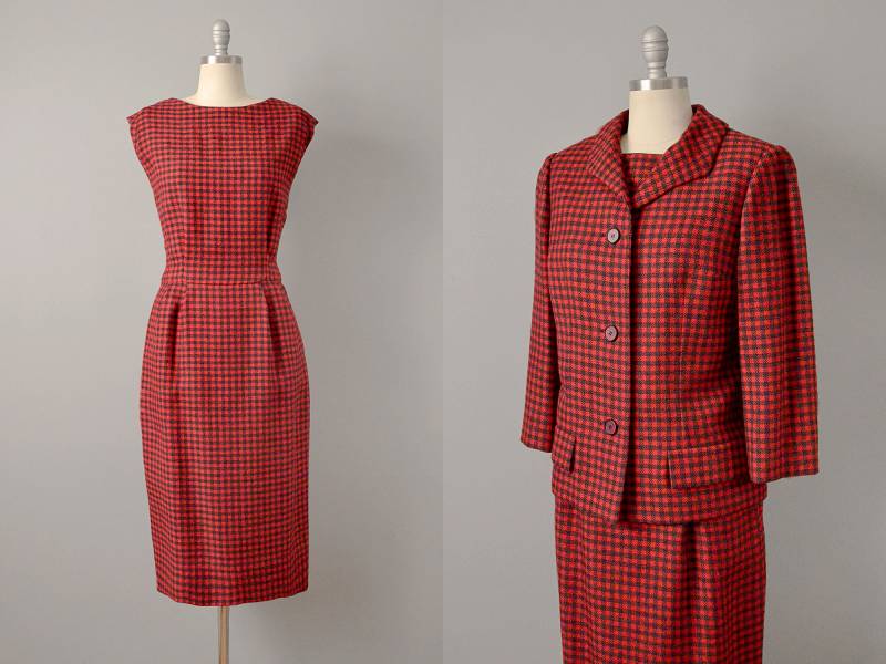 1950Er Jahre Dress Set/Ben Reig Rotes Hahnentritt Woll Mit Passender Jacke Größe Medium Large von OffBroadwayVintage
