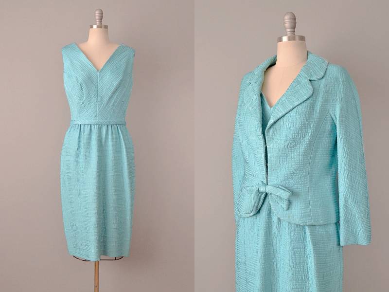 1960Er Jahre Bill Blass Aqua Seidenkleid Mit Passender Jacke/60Er Kleid Set Größe Medium von OffBroadwayVintage
