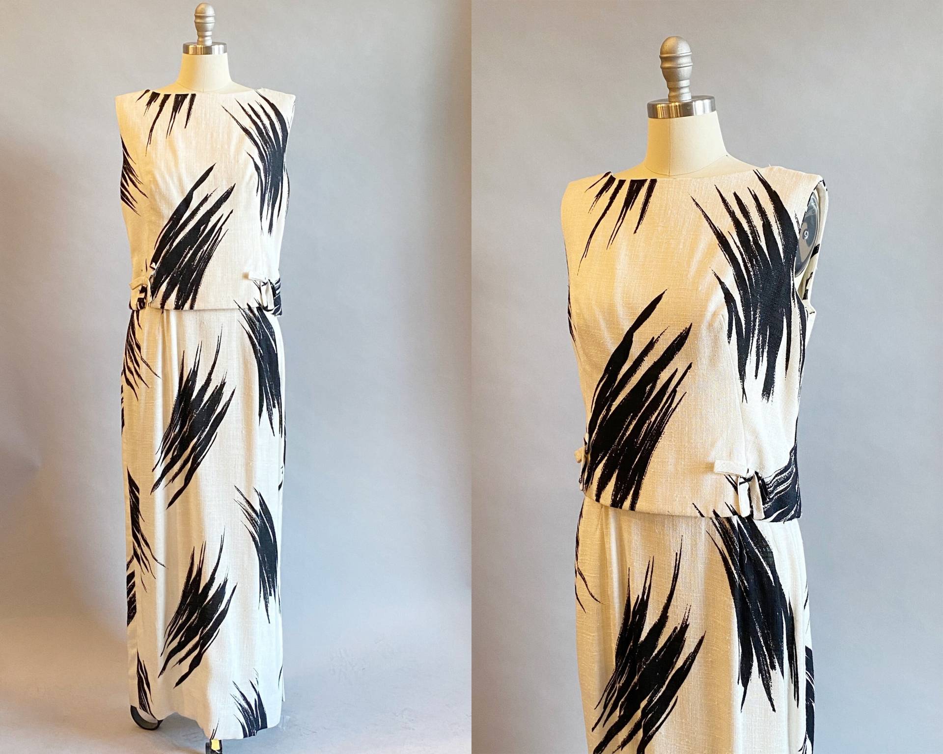 60Er Maxi Kleid/Schwarz Weiß Abstraktes Print Leinenkleid Größe Medium von OffBroadwayVintage