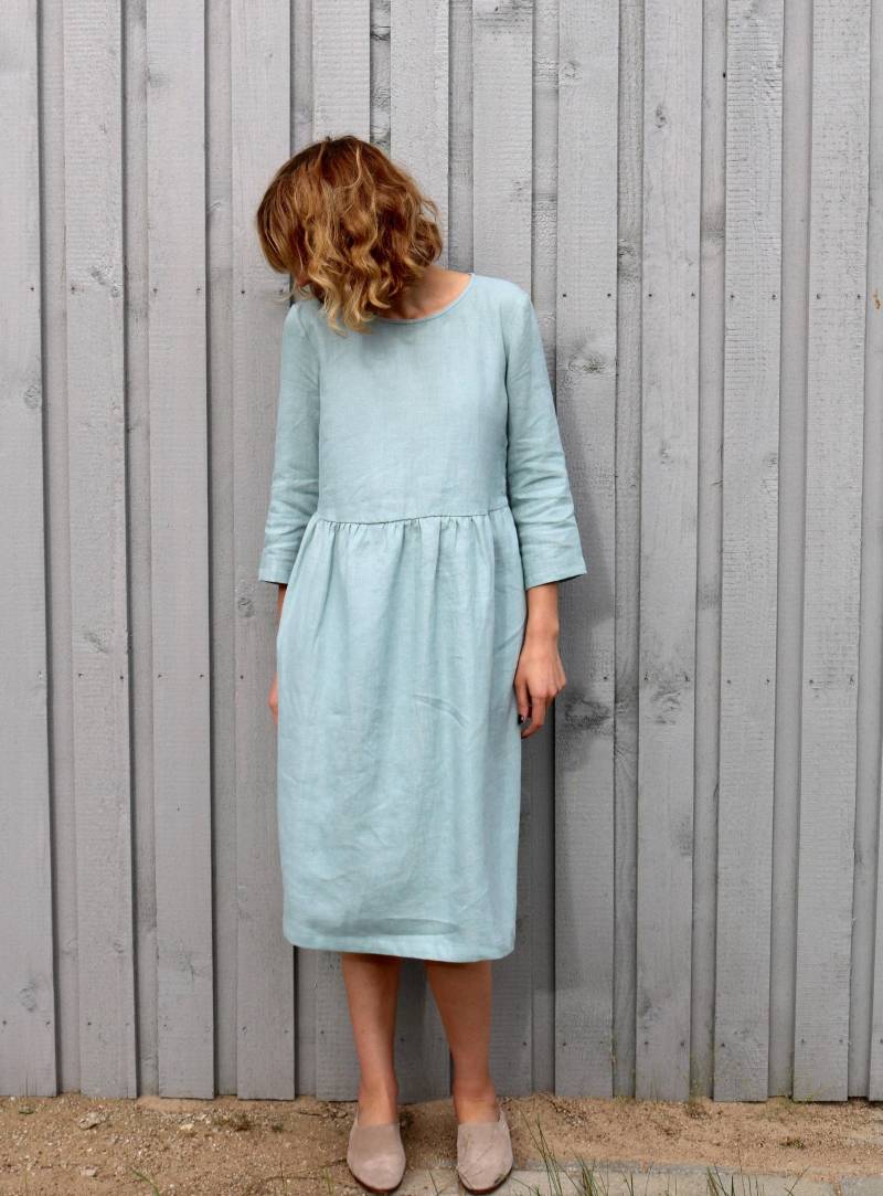 Versandfertig/Locker Sitzendes Leinenkleid Mit Hoher Taille Und 3/4 Ärmeln/Handgefertigt Von Offon von OffOn