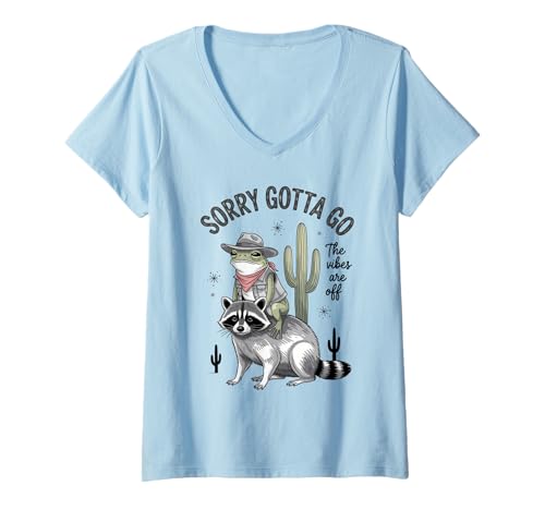 Damen Lustiger Cowboy-Frosch reitend Waschbär Meme Western Wüste Humor T-Shirt mit V-Ausschnitt von Offbeat Cowboy Vibes Apparel
