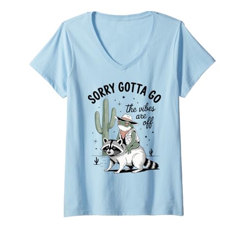 Damen Lustiger Cowboy-Frosch reitend Waschbär Meme Western Wüste Humor T-Shirt mit V-Ausschnitt von Offbeat Cowboy Vibes Apparel