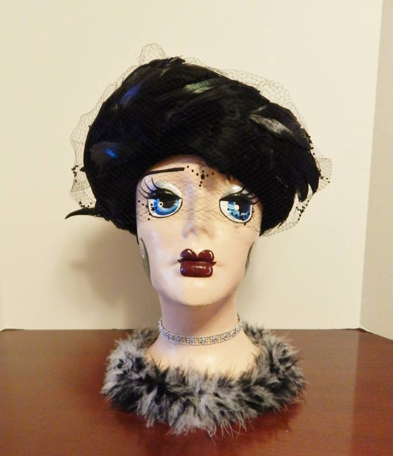 Federhut Mr. A Hats New York Paris & Richard Healy Co Worcester Ma 50Er 60Er Fabelhaftes Netz Schwarzer Samt von OffbeatAvenue