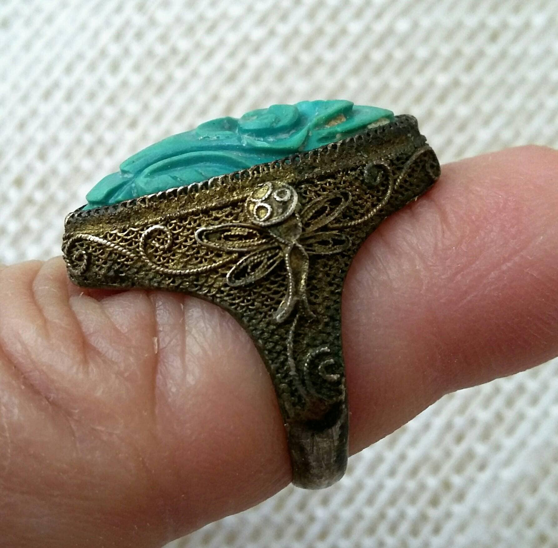 Vintage Geschnitzter Türkis Ring Mit Libelle Filigran Silber Mesh Metall 60Er Jahre Handwerker Modeschmuck Jugendstil Hippie Boho Rock N Roll von OffbeatAvenue