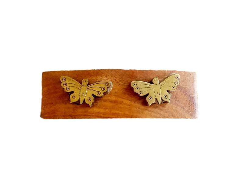Vintage 70Er Jahre Holz Haarspange, Messing Schmetterling Akzent, Made in India von OffbeatAvenue