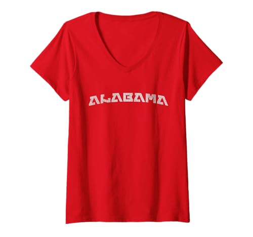 Damen Modern Retro Alabama Distressed Style Print T-Shirt mit V-Ausschnitt von Official Alabama Lovers Gifts and Fan Apparel