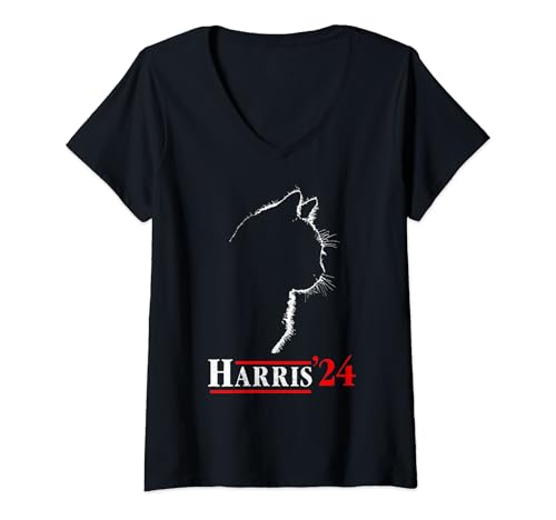 Damen Lustige Katze Kamala Harris 2024 Katze Silhouette Kamala Präsident T-Shirt mit V-Ausschnitt von Official Cats For Kamala Apparel & Co