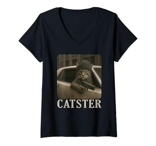 Damen Catster Gangster Cat Meme Funny Cats Gang Humor T-Shirt mit V-Ausschnitt Damen Catster Gangster Cat Meme Funny Cats Gang Humor T-Shirt mit V-Ausschnitt von Official Catsters Novelty Tops ...