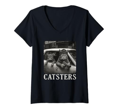 Damen Catsters Gangster Cat Meme Funny Cats Gang Humor T-Shirt mit V-Ausschnitt Damen Catsters Gangster Cat Meme Funny Cats Gang Humor T-Shirt mit V-Ausschnitt von Official Catsters Novelty Tops ...