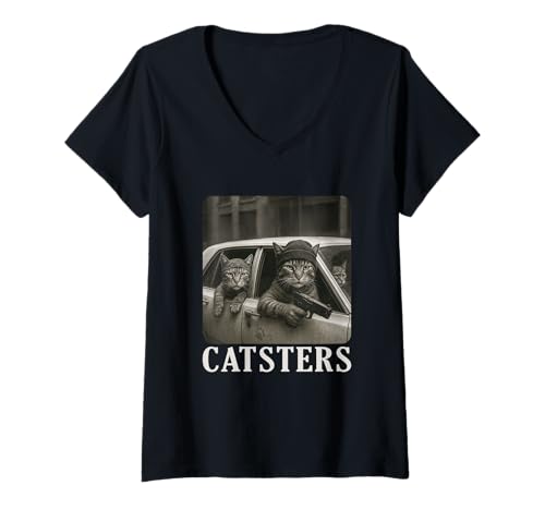 Damen Catsters Gangster Cat Meme Funny Cats Gang Humor T-Shirt mit V-Ausschnitt Damen Catsters Gangster Cat Meme Funny Cats Gang Humor T-Shirt mit V-Ausschnitt von Official Catsters Novelty Tops ...