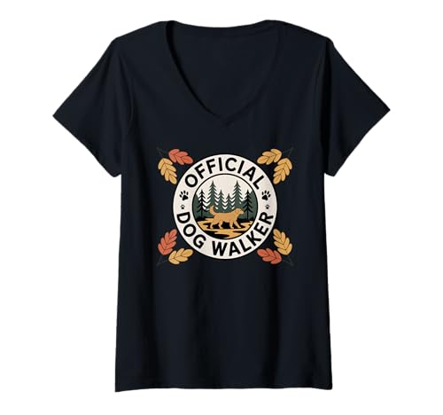 Damen Offizieller Dog Walker Forest Trail Herbst-Design T-Shirt mit V-Ausschnitt von Official Dog Walker Designs by NLTS