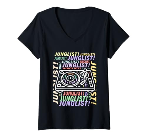 Damen Junglist Music Drum und Bass Plattenspieler Jungle Music Junglist T-Shirt mit V-Ausschnitt Damen Junglist Music Drum und Bass Plattenspieler Jungle Music Junglist T-Shirt mit V-Ausschnitt von Official Junglist Apparel