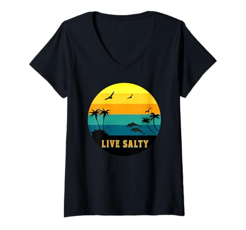 Damen Live Salty, Sand Sun Beach Casual Beachwear T-Shirt mit V-Ausschnitt Damen Live Salty, Sand Sun Beach Casual Beachwear T-Shirt mit V-Ausschnitt von Official Live Salty Gifts and Apparel