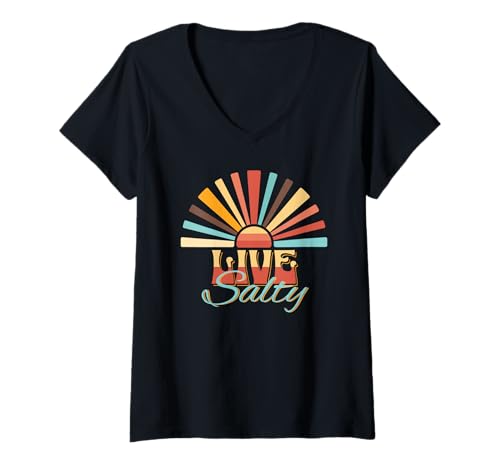 Damen Live Salty, Sand Sun Beach Casual Beachwear T-Shirt mit V-Ausschnitt Damen Live Salty, Sand Sun Beach Casual Beachwear T-Shirt mit V-Ausschnitt von Official Live Salty Gifts and Apparel