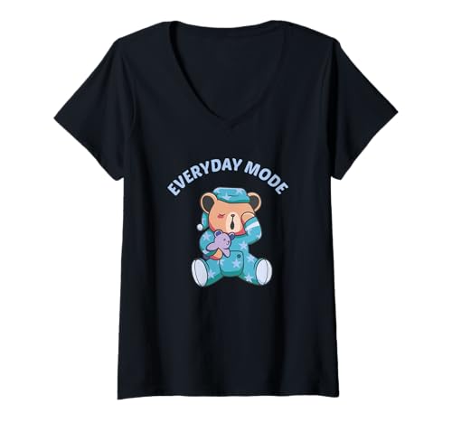 Damen Teddy Pyjama Everyday Mode Müde Offizieller Schlaf T-Shirt mit V-Ausschnitt von Official Sleep Bear Outfit Teddy Motive