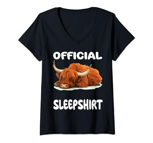 Damen Offizielles Schlafshirt mit schottischem Highland Cow T-Shirt mit V-Ausschnitt von Official Sleep Pajamas Nightgown Sleepwear Co.