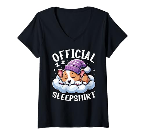 Damen Offizielles Nachthemd Corgi Napper Late Riser Nachthemd T-Shirt mit V-Ausschnitt von Official Sleepshirt Lazy Animals Sleepwear Pajamas