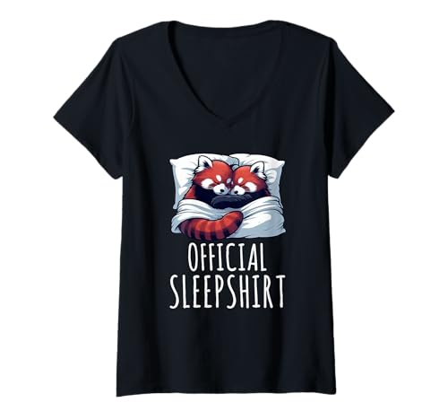 Damen Offizielles Schlafshirt, roter Panda, gemütlicher Schlafhumor T-Shirt mit V-Ausschnitt von Official Sleepshirt Lazy Animals Sleepwear Pajamas