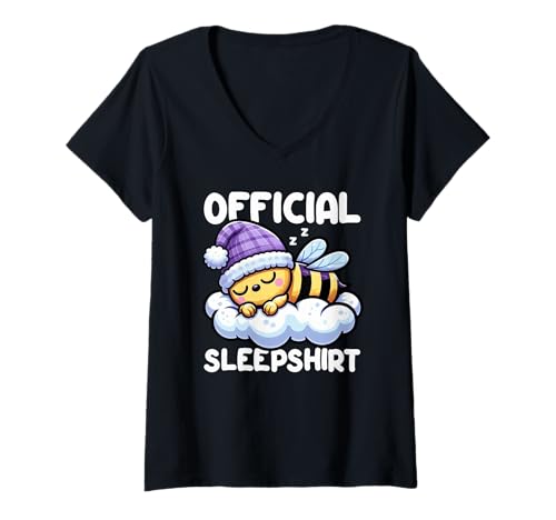 Damen Offizielles Schlafshirt Bee Napping Lazy Sleeping Pyjama T-Shirt mit V-Ausschnitt von Official Sleepshirt Lazy Animals Sleepwear Pajamas