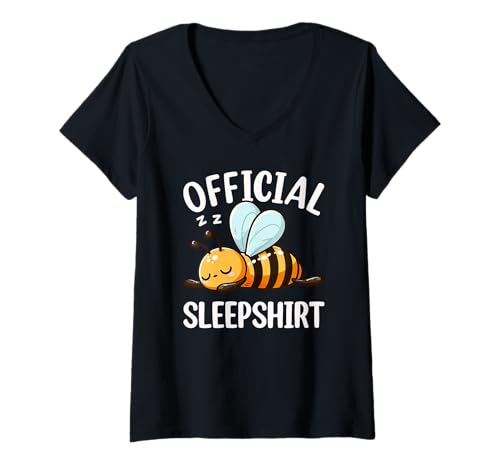 Damen Offizielles Schlafshirt Bee Sleeping Lazy Pyjama Nachthemd T-Shirt mit V-Ausschnitt von Official Sleepshirt Lazy Animals Sleepwear Pajamas