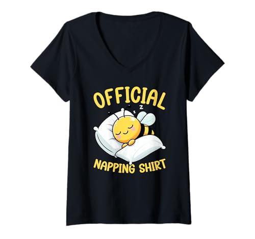 Damen Offizielles Schlafshirt Bee Sleeping Lazy Pyjama Nachthemd T-Shirt mit V-Ausschnitt von Official Sleepshirt Lazy Animals Sleepwear Pajamas