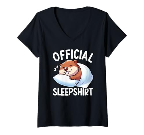 Damen Offizielles Schlafshirt Biber Lazy Sleeping Animals Pyjama T-Shirt mit V-Ausschnitt von Official Sleepshirt Lazy Animals Sleepwear Pajamas