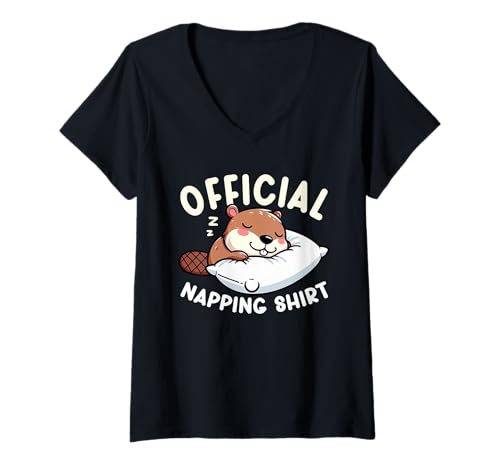 Damen Offizielles Schlafshirt Biber Sarcasm Lazy Sleep Pyjama Humor T-Shirt mit V-Ausschnitt von Official Sleepshirt Lazy Animals Sleepwear Pajamas