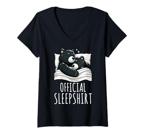 Damen Offizielles Schlafshirt Black Bear Lazy Sleeping Animals Pyjama T-Shirt mit V-Ausschnitt von Official Sleepshirt Lazy Animals Sleepwear Pajamas