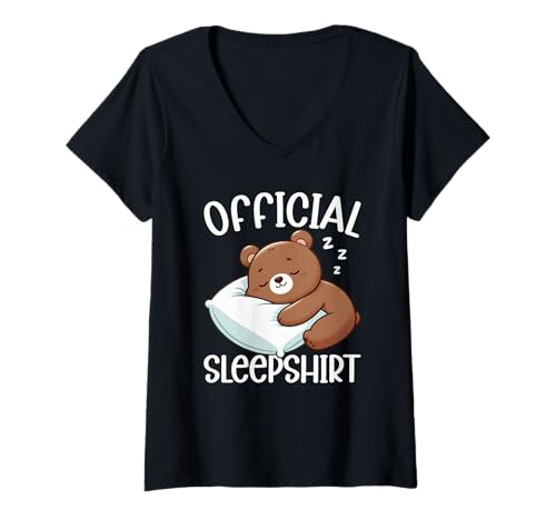 Damen Offizielles Schlafshirt Braunbär Lazy Sleeping Animals Pyjama T-Shirt mit V-Ausschnitt von Official Sleepshirt Lazy Animals Sleepwear Pajamas