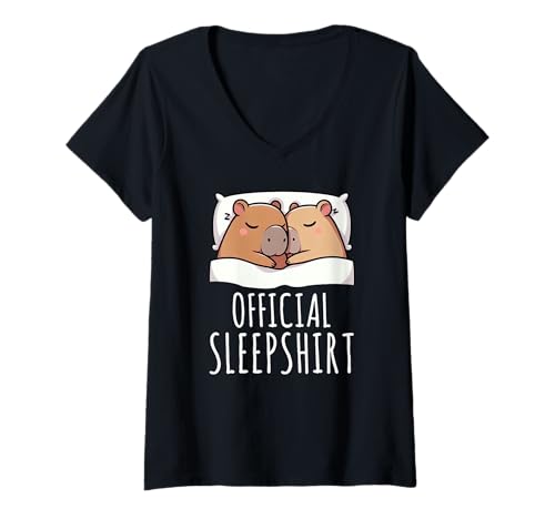Damen Offizielles Schlafshirt Capybara Lazy Animals Schlaf-Pyjama T-Shirt mit V-Ausschnitt von Official Sleepshirt Lazy Animals Sleepwear Pajamas