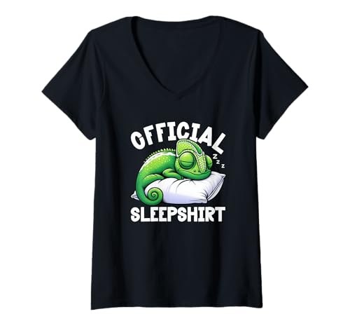 Damen Offizielles Schlafshirt Chamäleon Lazy Napper Schlafpyjama T-Shirt mit V-Ausschnitt von Official Sleepshirt Lazy Animals Sleepwear Pajamas