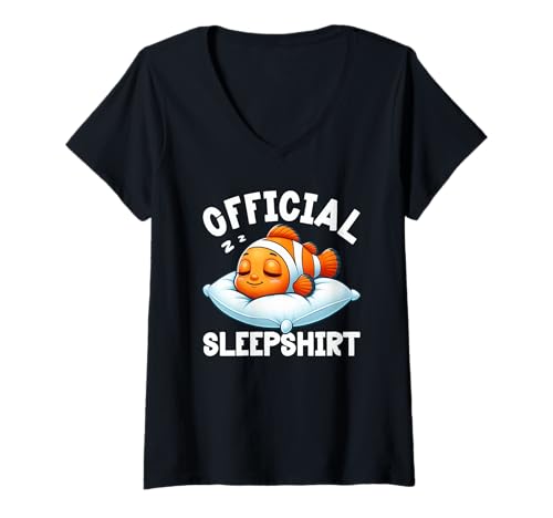 Damen Offizielles Schlafshirt Clownfish Lazy Napper Sleep Pyjama T-Shirt mit V-Ausschnitt von Official Sleepshirt Lazy Animals Sleepwear Pajamas