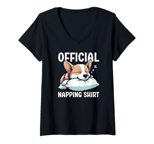 Damen Offizielles Schlafshirt Corgi Lazy Napper Schlafpyjama T-Shirt mit V-Ausschnitt von Official Sleepshirt Lazy Animals Sleepwear Pajamas
