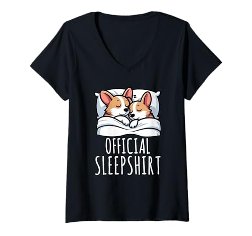 Damen Offizielles Schlafshirt Corgi Sarcastic Sleeping Animals Sleep T-Shirt mit V-Ausschnitt von Official Sleepshirt Lazy Animals Sleepwear Pajamas