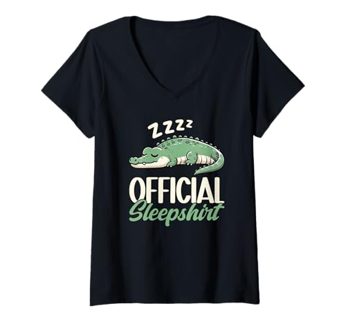Damen Offizielles Schlafshirt Crocodile Lazy Napper Sleep Pyjama T-Shirt mit V-Ausschnitt von Official Sleepshirt Lazy Animals Sleepwear Pajamas