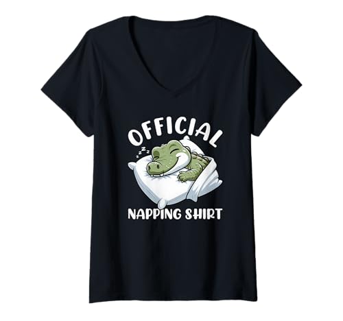 Damen Offizielles Schlafshirt Crocodile Lazy Napper Sleep Pyjama T-Shirt mit V-Ausschnitt von Official Sleepshirt Lazy Animals Sleepwear Pajamas