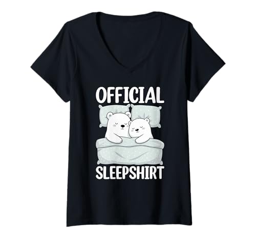 Damen Offizielles Schlafshirt Eisbär Schlafpyjama Bedtime Vibes T-Shirt mit V-Ausschnitt von Official Sleepshirt Lazy Animals Sleepwear Pajamas