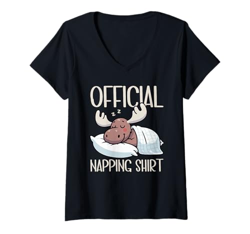 Damen Offizielles Schlafshirt Elch Lazy Sleeper Pyjama Nickerchen Design T-Shirt mit V-Ausschnitt von Official Sleepshirt Lazy Animals Sleepwear Pajamas