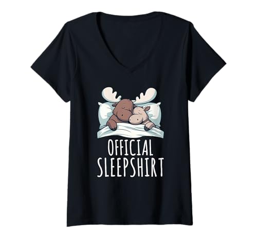 Damen Offizielles Schlafshirt Elch Nickerchen Pyjama Funny Lazy Sleep T-Shirt mit V-Ausschnitt von Official Sleepshirt Lazy Animals Sleepwear Pajamas