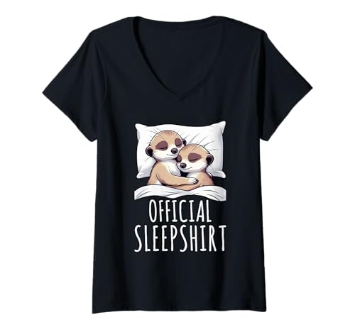 Damen Offizielles Schlafshirt Erdmännchen Lazy Sleep Pyjama Nickerchen Humor T-Shirt mit V-Ausschnitt von Official Sleepshirt Lazy Animals Sleepwear Pajamas