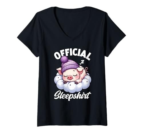 Damen Offizielles Schlafshirt Ferkel Nickerchen Pyjama Lustiger Schlafhumor T-Shirt mit V-Ausschnitt von Official Sleepshirt Lazy Animals Sleepwear Pajamas