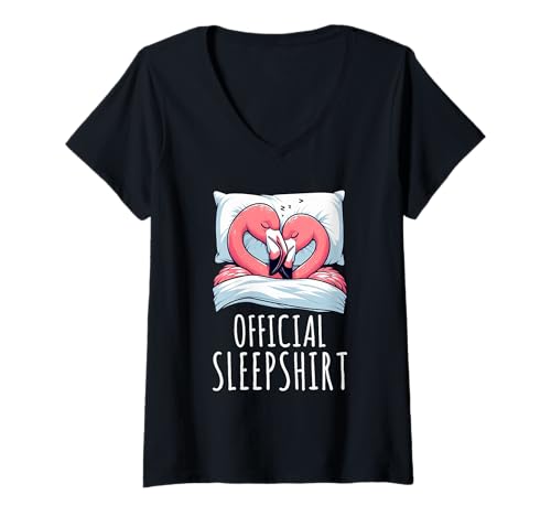 Damen Offizielles Schlafshirt Flamingo Lazy Napper Sleep Pyjama T-Shirt mit V-Ausschnitt von Official Sleepshirt Lazy Animals Sleepwear Pajamas
